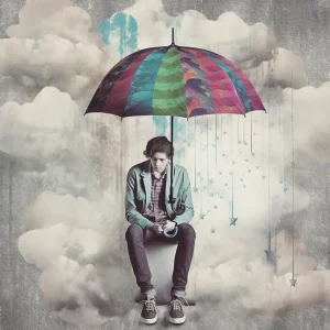 A guy alone in a colorful rain